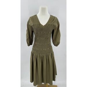 Merlette Olive Green Smocked Martha Dress Puff Sleeves Cotton Midi Medium